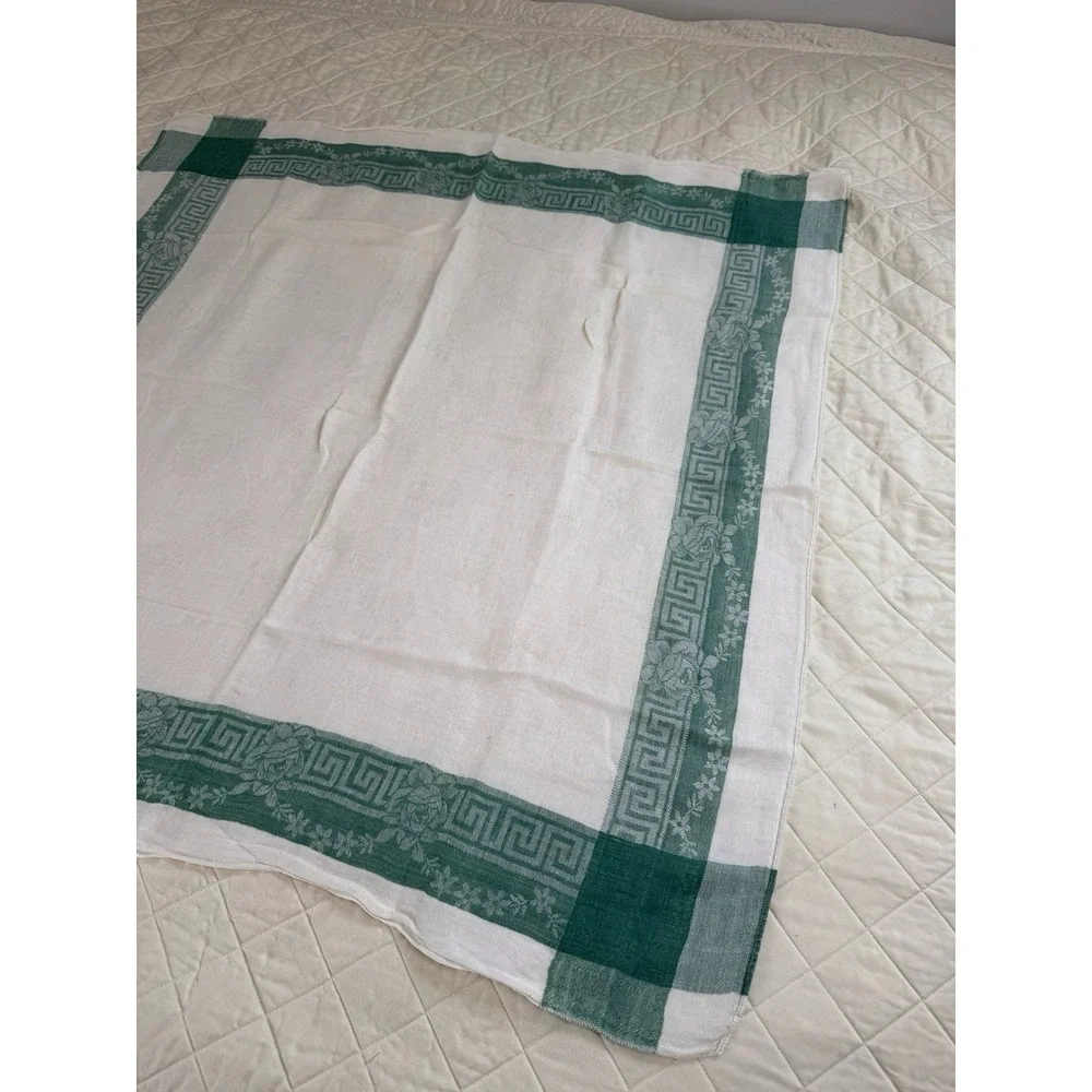 Vintage Linen Damask Tablecloth 32x32 Green Greek Key Floral Border